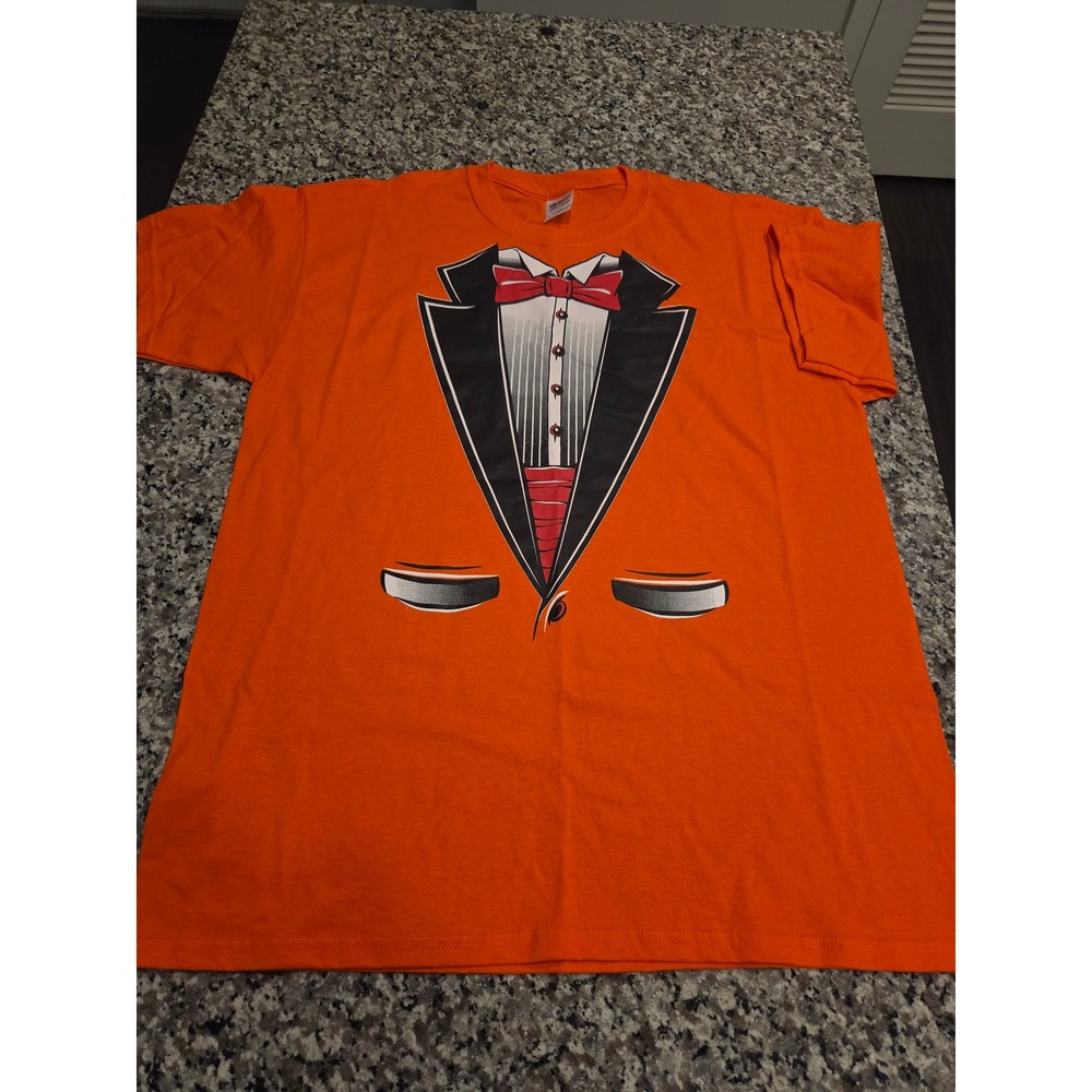 Gildan‎ Orange Tuxedo Graphic T-Shirt Mens Large Short Sleeve Costume Tee 1237